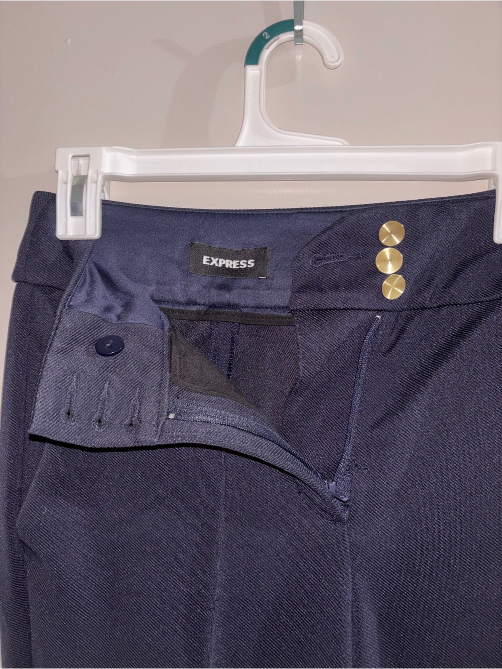 Express Women’s Navy Dress Pants with Gold-Tone Buttons